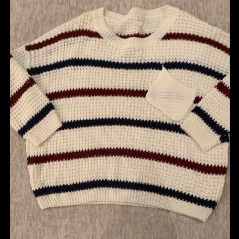 Cream Knit Sweater with blue and maroon striped
